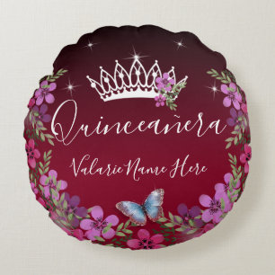 Bloemen en vlinder Quinceanera Burgundy Rond Kussen