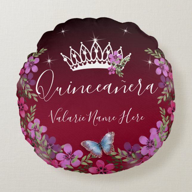 Bloemen en vlinder Quinceanera Burgundy Rond Kussen (Voorkant)