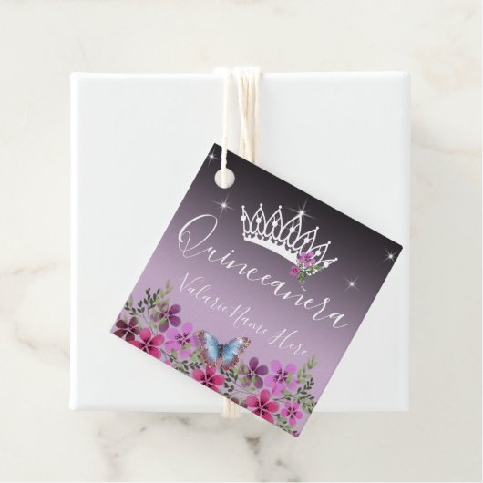 Bloemen en vlinder Quinceanera Paars Bedankjes Labels (In situ)