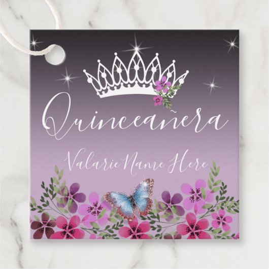 Bloemen en vlinder Quinceanera Paars Bedankjes Labels (Voorkant)
