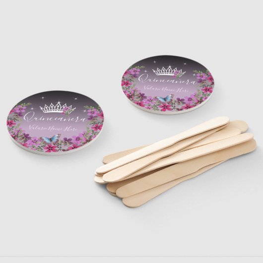 Bloemen en vlinder Quinceanera Paars Hand Fan Handwaaier (Niet-gemonteerd)