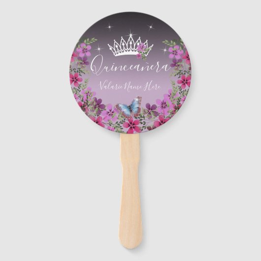 Bloemen en vlinder Quinceanera Paars Hand Fan Handwaaier (Voorkant)