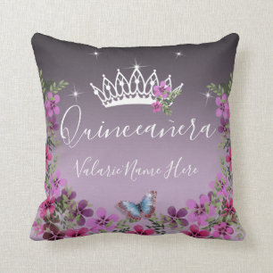 Bloemen en vlinder Quinceanera Paars Kussen