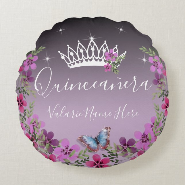 Bloemen en vlinder Quinceanera Paars Rond Kussen (Voorkant)