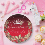 Bloemen en vlinder Quinceanera Red Gold Papieren Bordje (Feest)