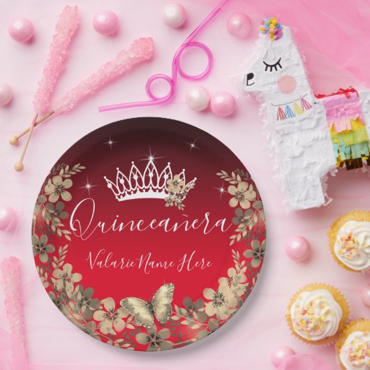 Bloemen en vlinder Quinceanera Red Gold Papieren Bordje (Feest)