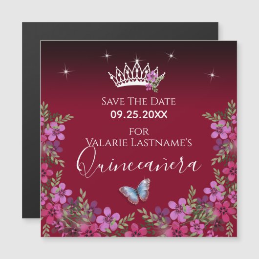 Bloemen en vlinder Quinceanera sparen de Datum (Voorkant / Achterkant)