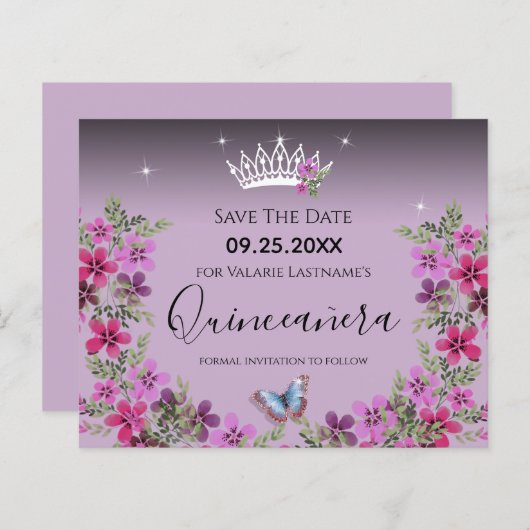 Bloemen en vlinder Quinceanera sparen de Datum (Voorkant / Achterkant)