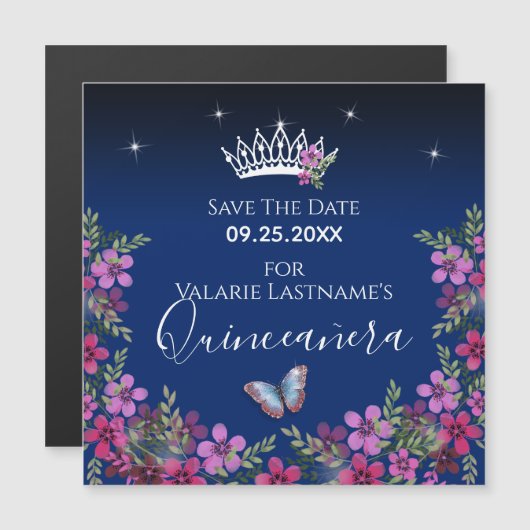 Bloemen en vlinder Quinceanera sparen de Datum (Voorkant / Achterkant)