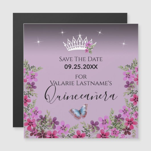 Bloemen en vlinder Quinceanera sparen de Datum (Voorkant / Achterkant)
