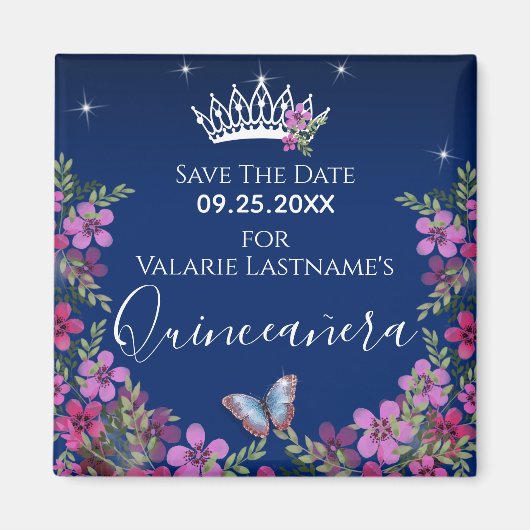 Bloemen en vlinder Quinceanera sparen de Datum Magneet (Voorkant)