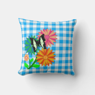 Bloemen en vlinderblauw vichy Pillow Kussen