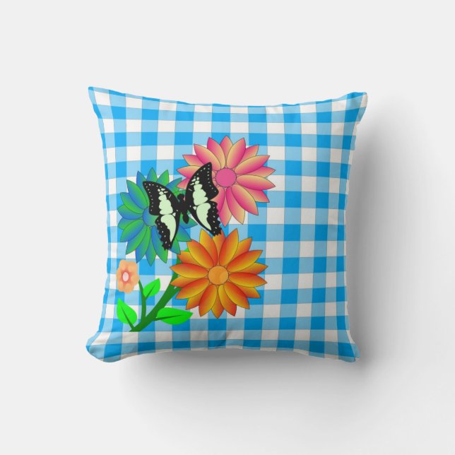 Bloemen en vlinderblauw vichy Pillow Kussen (Voorkant)
