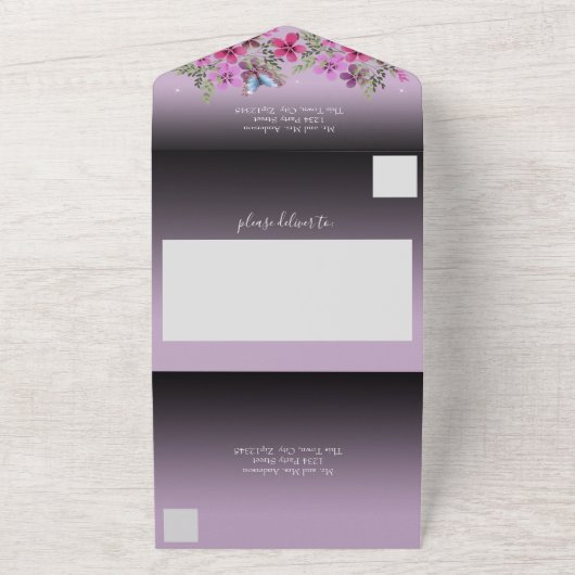 Bloemen en vlinderbloemigen Paars All In One Uitnodiging (Buitenkant)