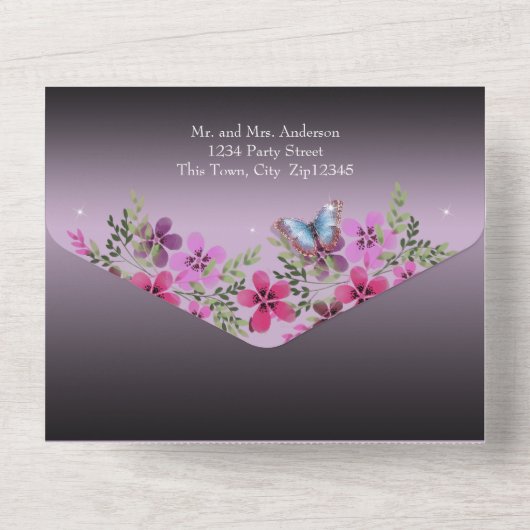 Bloemen en vlinderbloemigen Paars All In One Uitnodiging (Achterkant)