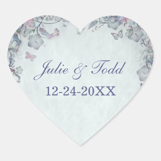 Bloemen en vlinderbruiloft sparen de datum hart sticker (Voorkant)