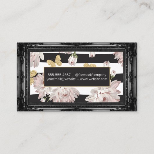 Bloemen en vlinders | Antiek zwarte grens Visitekaartje (Achterkant)