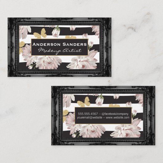 Bloemen en vlinders | Antiek zwarte grens Visitekaartje (Voorkant / Achterkant)