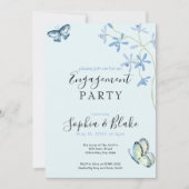 Bloemen en vlinders | Blauwe Engagement Party Kaart (Voorkant)
