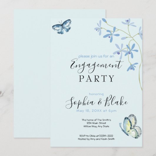 Bloemen en vlinders | Blauwe Engagement Party Kaart (Voorkant / Achterkant)