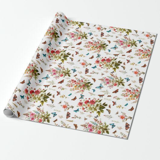 Bloemen en vlinders cadeaupapier (Uitgerold)