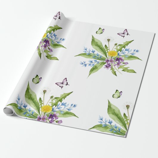 Bloemen en vlinders cadeaupapier (Uitgerold)
