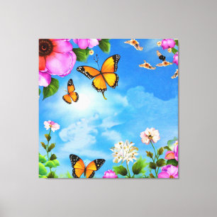 Bloemen en vlinders canvas afdruk