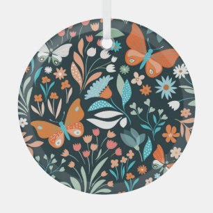 Bloemen en vlinders, decoratief naadloos patroon glas ornament