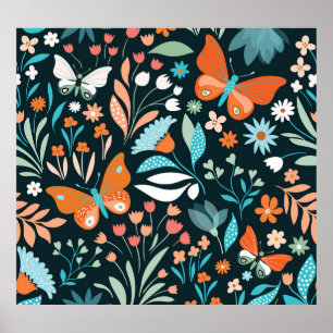 Bloemen en vlinders, decoratief naadloos patroon poster