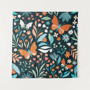 Bloemen en vlinders, decoratief naadloos patroon wandkleed
