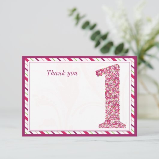 Bloemen en vlinders eerste verjaardag dank je bedankkaart (Staand voorkant)