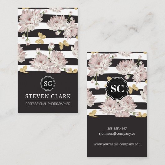 Bloemen en vlinders | Gestreept Visitekaartje (Voorkant / Achterkant)