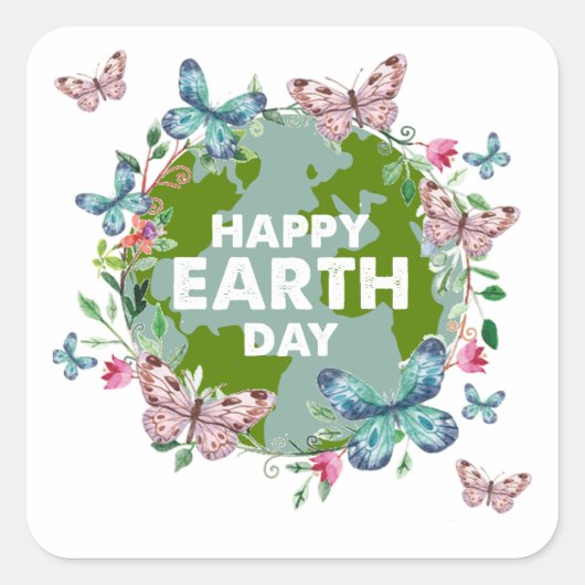 BLOEMEN EN VLINDERS HAPPY EARTH DAY 2024 VIERKANTE STICKER (Voorkant)