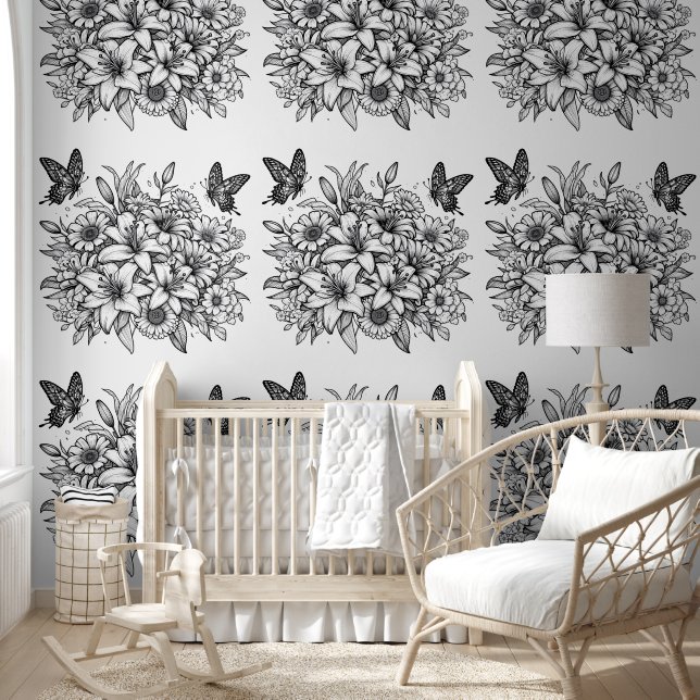 Bloemen en vlinders kleuren behang (Kinderen)