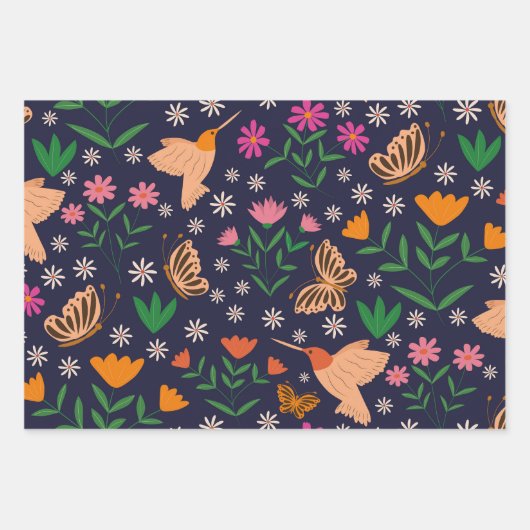 Bloemen en vlinders met kolibries inpakpapier vel (Voorkant 3)