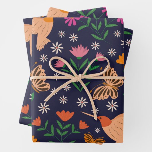 Bloemen en vlinders met kolibries inpakpapier vel (In situ)