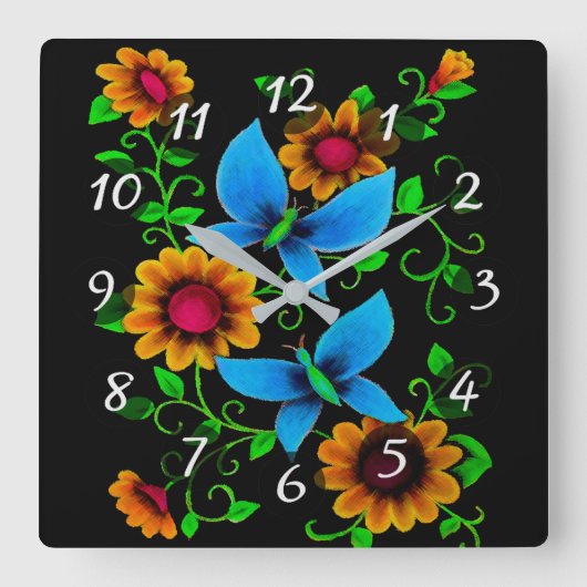Bloemen en vlinders vierkante klok (Voorkant)