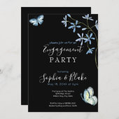 Bloemen en vlinders | Zwarte Engagement Party Kaart (Voorkant / Achterkant)