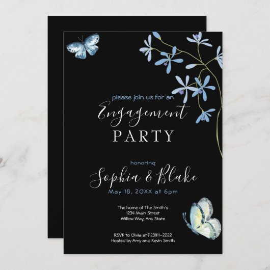 Bloemen en vlinders | Zwarte Engagement Party Kaart (Voorkant / Achterkant)