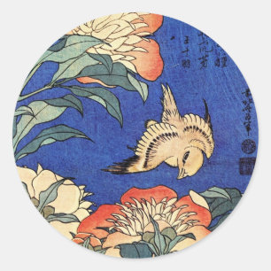Bloemen en vogel, Hokusai Ronde Sticker