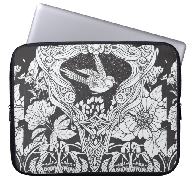 Bloemen en vogel in de nieuwe kunststijl naadloos laptop sleeve (Voorkant)