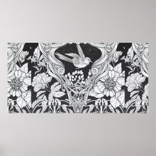 Bloemen en vogel in de nieuwe kunststijl naadloos poster