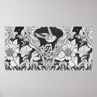 Bloemen en vogel in de nieuwe kunststijl naadloos poster