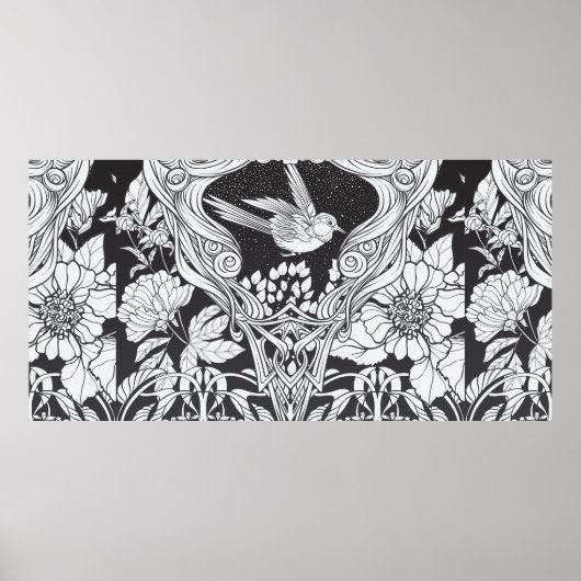 Bloemen en vogel in de nieuwe kunststijl naadloos poster (Voorkant)