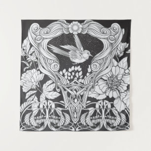 Bloemen en vogel in de nieuwe kunststijl naadloos wandkleed