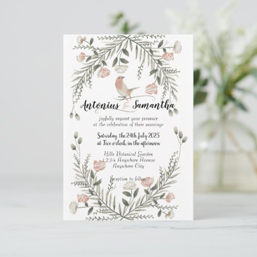 Bloemen en vogels illustratie bruiloft uitnodiging (Staand voorkant)
