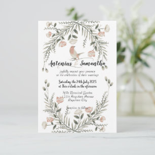 Bloemen en vogels illustratie bruiloft uitnodiging