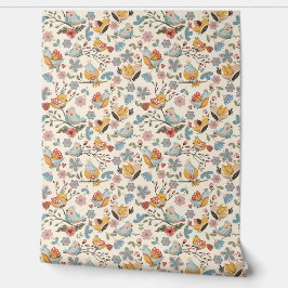 Bloemen en vogels in boho stijl behang