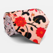 BLOEMEN EN VOGELS, PEACOCKS Red Black White Floral Stropdas (Opgerold)