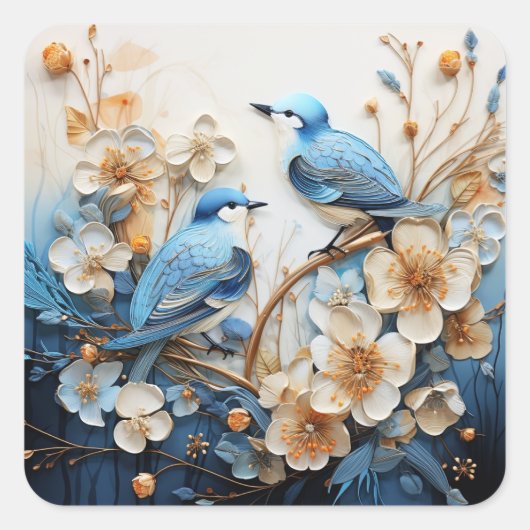 Bloemen en Vogels Vierkante Sticker (Voorkant)